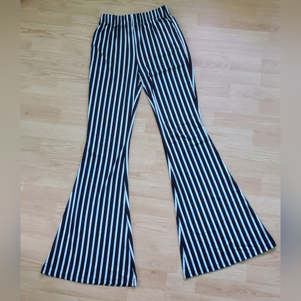 Black And White Vertical Striped Bellbottoms, Size M